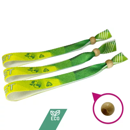 R-PET karszalag (Újrahasznosított PET palackból, 15x340mm, egy oldalon színes nyomással) - újrazárható bambusz gyönggyel