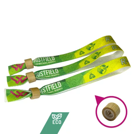 R-PET karszalag (Újrahasznosított PET palackból, 15x340mm, egy oldalon színes nyomással) - önzáró bambusz-műanyag gyűrűvel