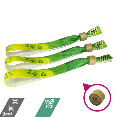 R-PET karszalag (Újrahasznosított PET palackból, 15x340mm, egy oldalon színes nyomással, változó adattal) - önzáró bambusz-műanyag gyűrűvel