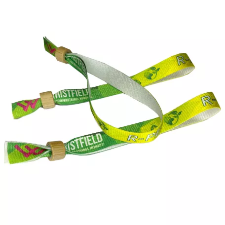 R-PET karszalag (Újrahasznosított PET palackból, 15x340mm, egy oldalon színes nyomással) - önzáró bambusz-műanyag gyűrűvel